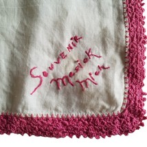 Vintage Souvenir Hankie Pink Crocheted Border Hanky Handkerchief Mesick Michigan - £5.68 GBP