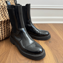Zara Faux Patent Leather Chelsea Boots Black Block Heel 38 7.5 - $43.20