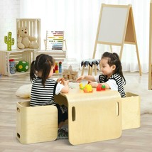 Kids Table Set Wooden Chairs 3-PC Children Toddler Play Activity Crafts Beige - £220.62 GBP