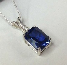 4.00ct Emerald Cut Blue Sapphire Pendant Women's Necklace 14K White Gold Plated - £64.69 GBP