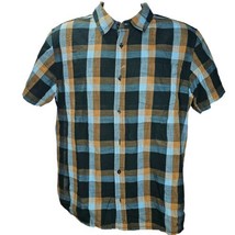 Prana Organic Button Up Shirt Mens M Blue Teal Brown Plaid Short Sleeve ... - £20.18 GBP