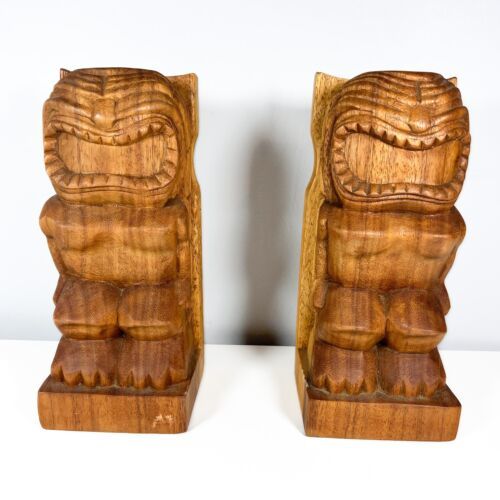Pair of 2 Vintage Carved Wood Wooden Tiki Totem Bookends, Hawaii 12