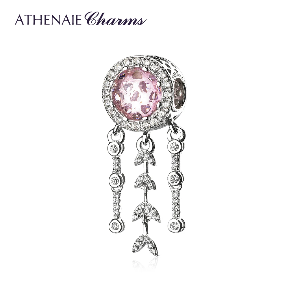 925 Sterling Silver Clear Pink CZ Dream Catcher Dangle Charms Beads for Bracelet - £45.82 GBP