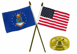 Air Force Emblem &amp; Usa American Gold Staff Flags 4&quot;X6&quot; Desk Set Table Go... - £14.33 GBP