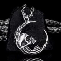 Mens Womens Skull Crescent Moon Pendant Necklace Punk Rock Gothic Jewelry 24&quot; - £9.58 GBP