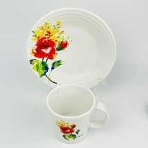 FIESTA 9” LUNCHEON PLATE &amp; Tapered Mug FLORAL BOUQUET Pattern ON WHITE S... - £30.29 GBP