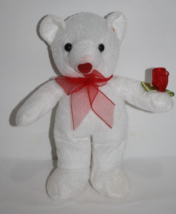 Valentines White Plush Teddy Bear 8&quot; Red Flower Heart Nose Bow Stuffed S... - $8.80