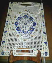 16&quot;x10&quot; White Filigree Marble Serving Dish Tray Lapis Inlay Marquetry Gi... - £530.94 GBP