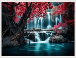 Red Trees Lining Waterfall &amp; Stream Vibrant Canvas Print Framed 12&quot; x 16&quot; NEW! - £10.99 GBP