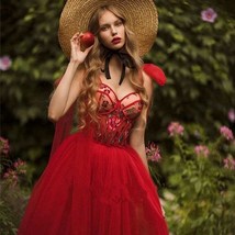 Beautiful Red Sweetheart Tulle Prom Dresses Bow Straps Appliques Bustier A-Line  - £277.91 GBP