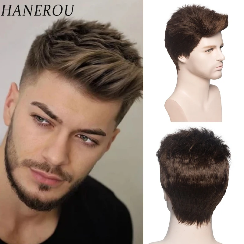 HANEROU Short Men Wig Pixie Cut Natural Straight Ombre Brown Wig Heat Resista - £13.40 GBP