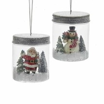 Kurt Adler Set Of 2 SANTA/SNOWMAN In Mason Jars w/ Trees &amp; Snow Xmas Ornaments - £19.08 GBP