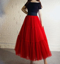 Red A-line Tiered Tulle Maxi Skirt Outfit Women Plus Size Fluffy Tulle Skirt image 2
