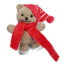 Vintage Avon Fuzzy Flocked Teddy Bear Pin Ice Skate Skating Winter Hat Holiday - £7.98 GBP