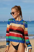 Rainbow Stripe Openwork Long Sleeve Cover-Up - £34.22 GBP