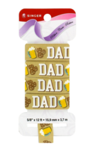 NEW Singer Ribbon DAD design w/ beer mug &amp; pretzels on tan 5/8 in x 12 ft fabric - £1.96 GBP