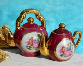 Vintage Porcelain Miniature Teapots Courting Couple Medallion Japan - $27.95