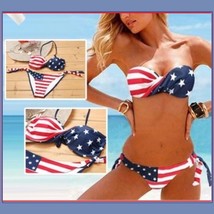 American Flag 2 Piece Bikini Summer Swim Suit with Padded Cups &amp; Side Ties - £32.99 GBP
