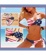 American Flag 2 Piece Bikini Summer Swim Suit with Padded Cups &amp; Side Ties - £33.53 GBP