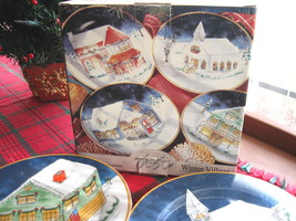Set of Four (4) American Atelier Winter Village Porcelain Dessert Plates  - $30.00