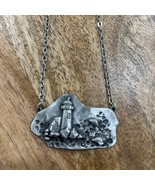 VINTAGE JJ PEWTER LIGHTHOUSE PENDANT NECKLACE RAISED DETAILED - $19.78