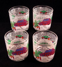 Christmas Juice Glasses 4pc Set Primitive Painted Snowy Outdoor Scene - £27.96 GBP