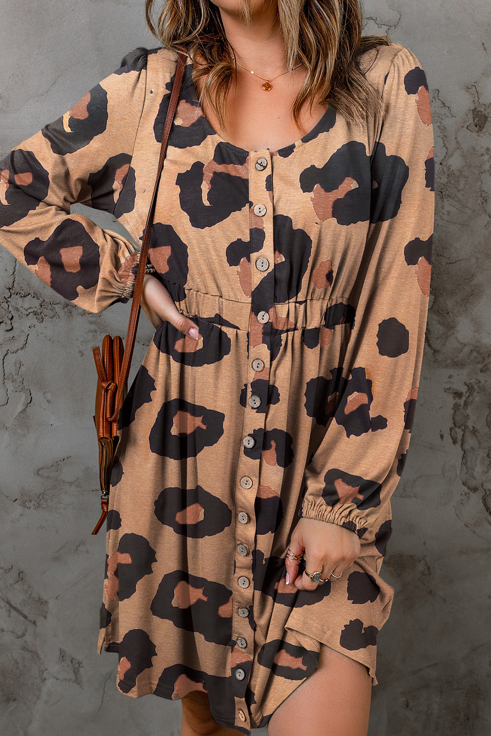 Leopard Print Button Front Bubble Sleeve Loose Knit Dress Item image 3