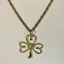 Beatrix Shamrock Pendant Gold Metal Green Rhinestone Charm Chain Necklace  - £14.34 GBP