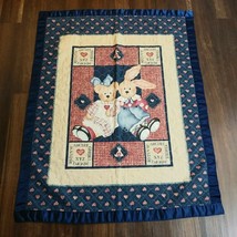 Primitive Baby Quilt Blanket Comforter Bunny Teddy Bear Navy Blue Heart ABC - £47.36 GBP