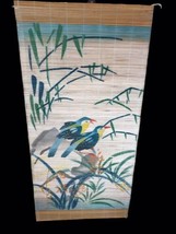 Vintage Painted Bird Floral Flowers Wall Hanging Bamboo Scroll Tropical ... - $17.81