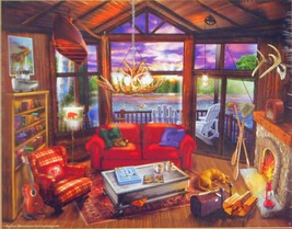 SunsOut Evening at the Lake 500 pc Jigsaw Puzzle Cabin Fireplace Hot Chocolate - £11.76 GBP