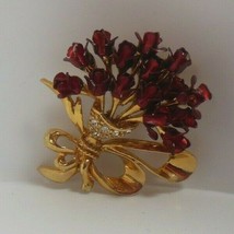 vintage bouquet of Red Roses brooch W/Rhinestones - £13.21 GBP