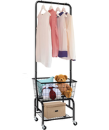 Laundry Cart with Wheels and Hanging Rack, Rolling Laundry Basket with C... - £70.05 GBP