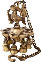 Peacock Design Brass Hanging Diya with Bells, 1.1 Kg Hanging Lamp Diya, 4 Inche - £55.55 GBP