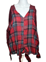 NEW Umgee Shirt Womens XL Red Long Sleeve V-Neck Plaid Boho Chic Bow Kno... - $19.93