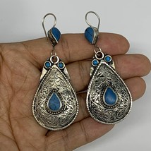 1pc, Handmade Turkmen Earring Tribal Jewelry Turquoise Inlay Drop Boho, B14300 - £9.57 GBP