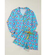 Green 60s Flower Print Buttoned Shirt and Drawstring Waist Pajama Set - $5,002.47 MXN