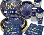 50Th Birthday Decorations Plates and Napkins Blue and Gold, Service for ... - $35.96