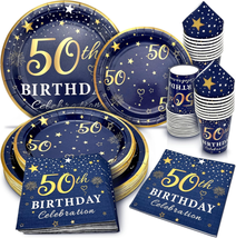 50Th Birthday Decorations Plates and Napkins Blue and Gold, Service for ... - $32.36