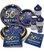 50Th Birthday Decorations Plates and Napkins Blue and Gold, Service for ... - £28.41 GBP