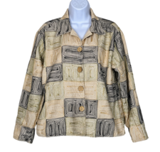 Units Sz L Women&#39;s Linen Jacket Geometric Pattern Wood Buttons - £19.49 GBP