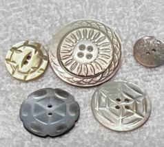 5 Vintage Hand Carved Mother of Pearl Spider Web Cross Hatch Round Buttons - $12.38