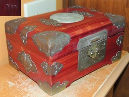 Chinese Jewelry Box 8&quot;x5.5&quot;x3.75 wooden Jade Bronze/ Brass Silk Lining m... - $47.38 CAD