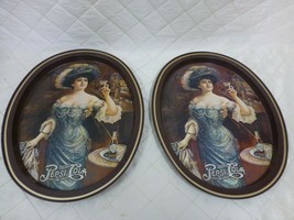 Pepsi Cola Tin Tray Victorian Lady Drinking 5 Cent Vintage Reproduction Pair - £14.86 GBP