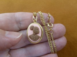 CA30-76 RARE African American LADY pink + brown CAMEO brass Pendant necklace - $25.23