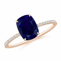 ANGARA Thin Shank Cushion Sapphire Ring with Diamond Accents in 14K Gold - £1,785.68 GBP
