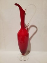 MCM Mid Century Modern Art Glass Red &amp; Clear 15.5&quot; Pitcher Vase Ewer Dec... - £78.88 GBP