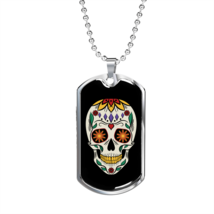 Calavera Mexican Sugar Skull Head Necklace Stainless Steel or 18k Gold Dog Tag  - £37.92 GBP+