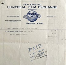 Universal Films Exchange 1914 WW2 Era Invoice Center Theater Maine DWEE3... - €34,24 EUR