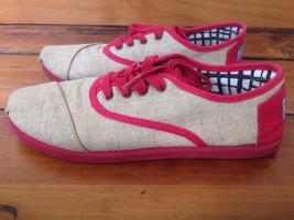 Toms Beige Red Linen Cotton Kids Lace Up Shoes Youth Girls Sneakers y5 37.5 - $39.59